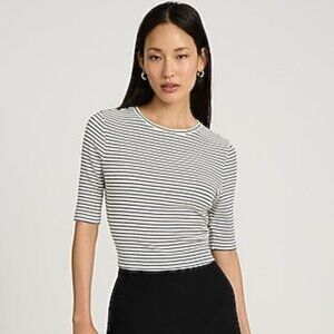 Fitted Ribbed Striped Crew Neck Elbow Sleeve Tee